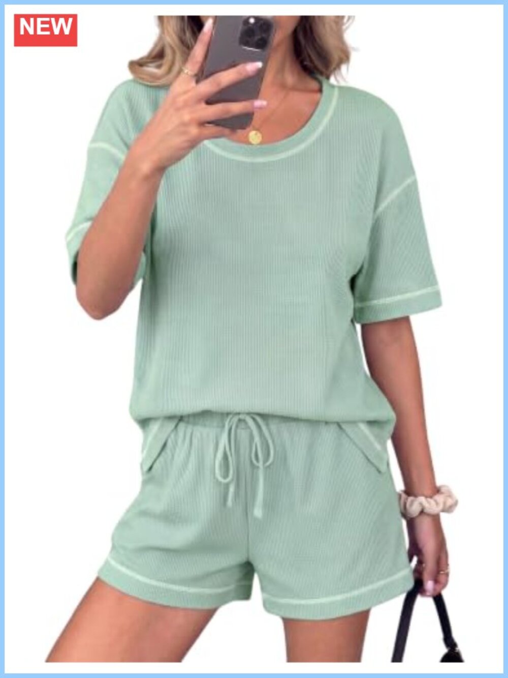 Waffle Knit 2-Piece Lounge Shorts Set Crew Neck Pockets Relaxed Fit